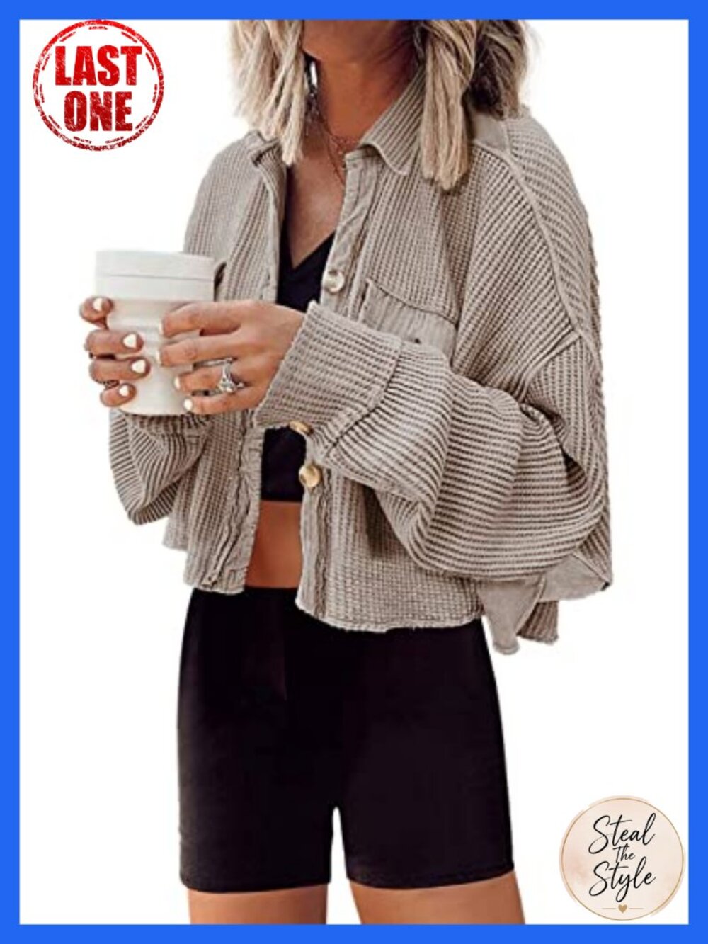 Waffle Knit Cropped Cardigan Jacket Oversized Shacket